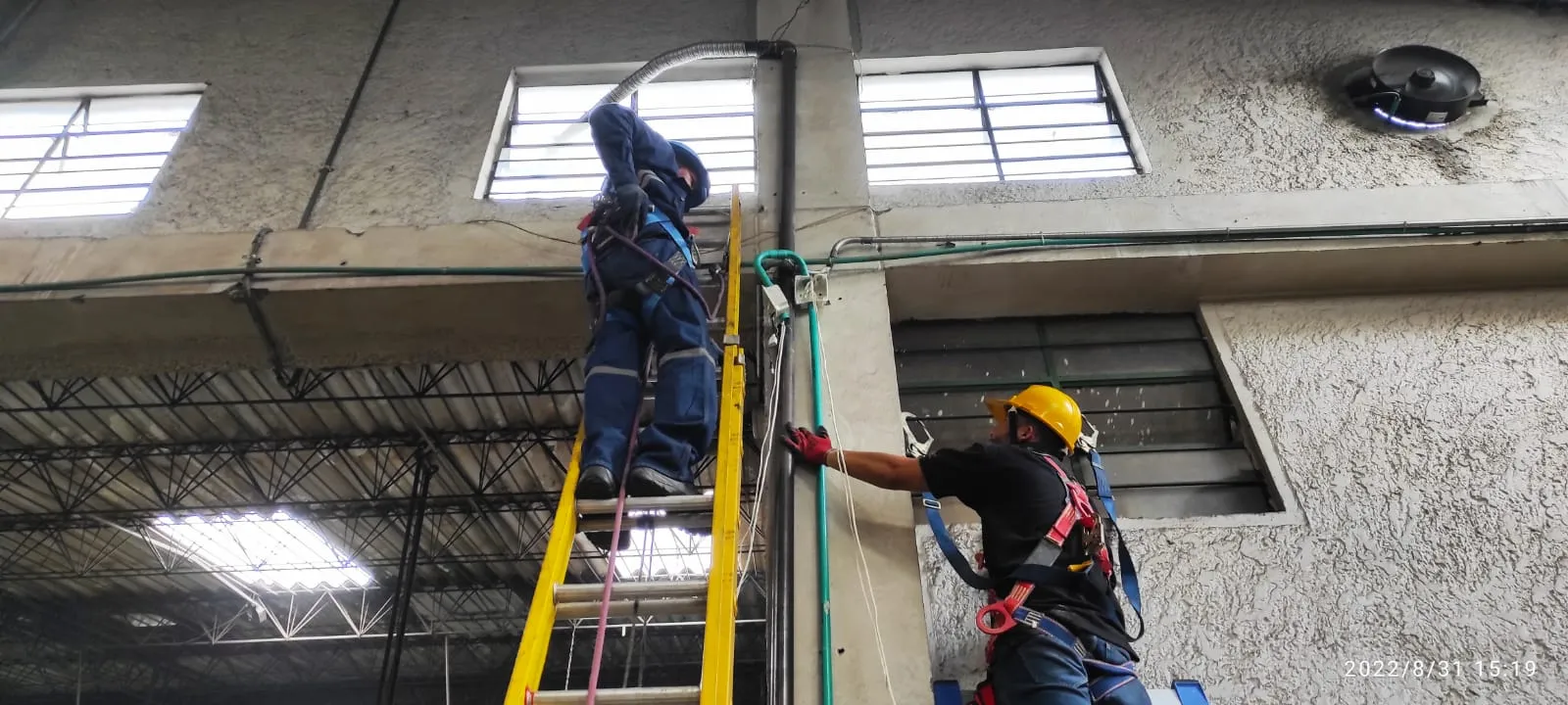 Dos técnicos de MiPC Tecnología con casco y arnés de seguridad trabajan sobre escaleras en la fachada de una edificación industrial, instalando canalización a media altura